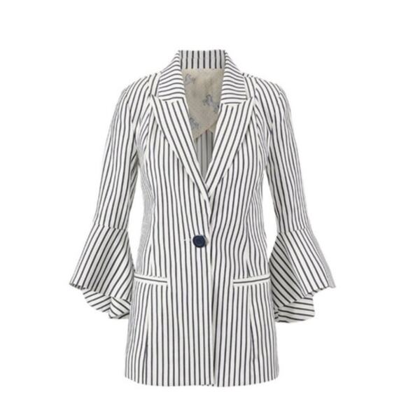 New CAbi | 5295 Ole Ticking Stripe Bell Jacket Blazer Navy White size 8 - Picture 5 of 6
